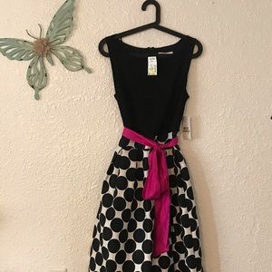 Black & White Polkadot Dress W/Hot Pink Sash